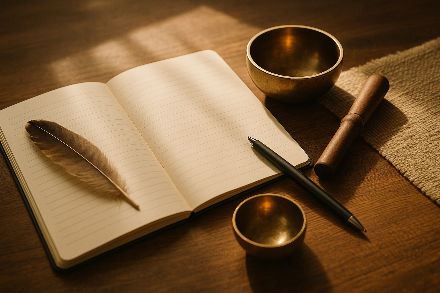 Notizblock mit Feder, kleiner Klangschale und Stift – Aktuelle Klang-Events, Neuigkeiten und klangvolle Inspirationen