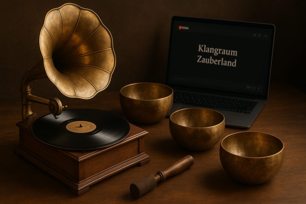 Klangschalen in einer geradlinigen Anordnung neben Handpan und Grammophon – Symbolbild für Klangmedien und den Klangraum Zauberland.