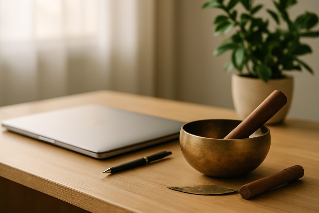 Klangschale neben einem geschlossenen Notebook auf einem ruhigen Arbeitsplatz – Verbindung von moderner Planung und traditioneller Klangarbeit.