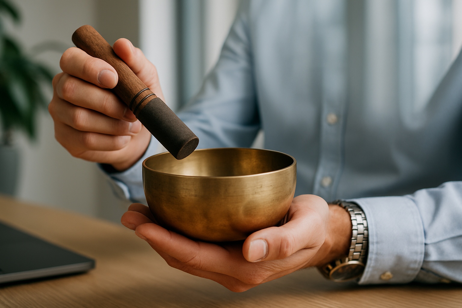 Businessperson hält eine Klangschale in den Händen – Klangangebote für Unternehmen und Teams