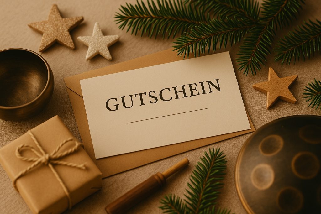 Festlicher Geschenkgutschein für eine Klangreise, umgeben von warmen Weihnachtslichtern und natürlichen Dekorationselementen