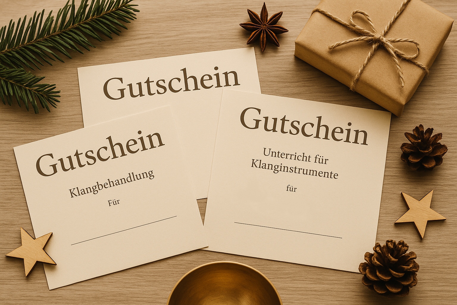 Weihnachtliches Gutschein-Set mit Klangschale, Tannenzweig und Instrumenten-Symbolen