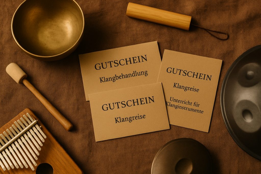Drei Geschenkgutscheine für Klangreisen, umgeben von Klanginstrumenten – klangvoll Zeit, Ruhe und Entspannung verschenken