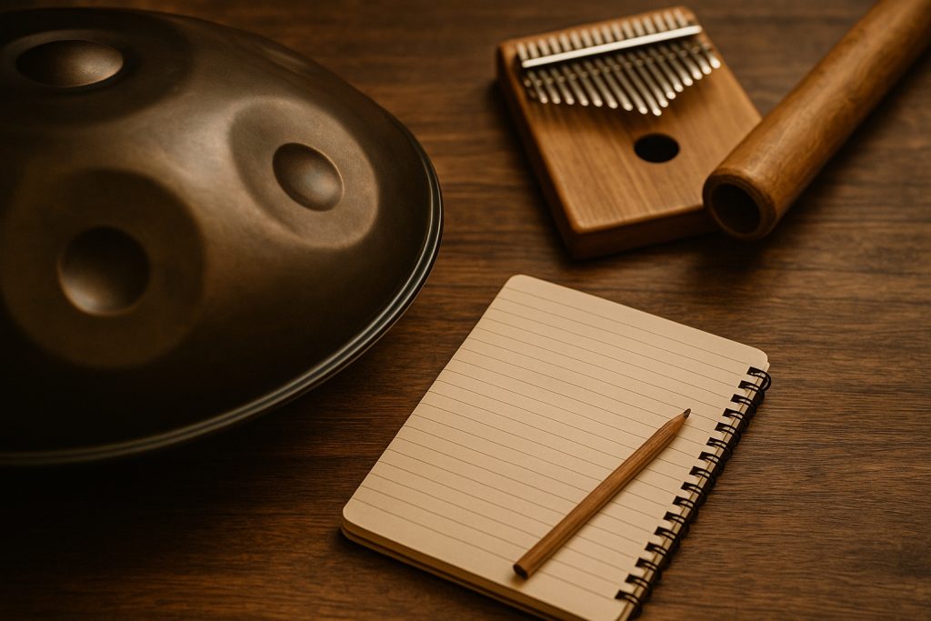 Notizbuch und Stift zwischen Klanginstrumenten wie Handpan, Sansula und Kalimba – Klangunterricht und Workshops als Geschenkgutschein