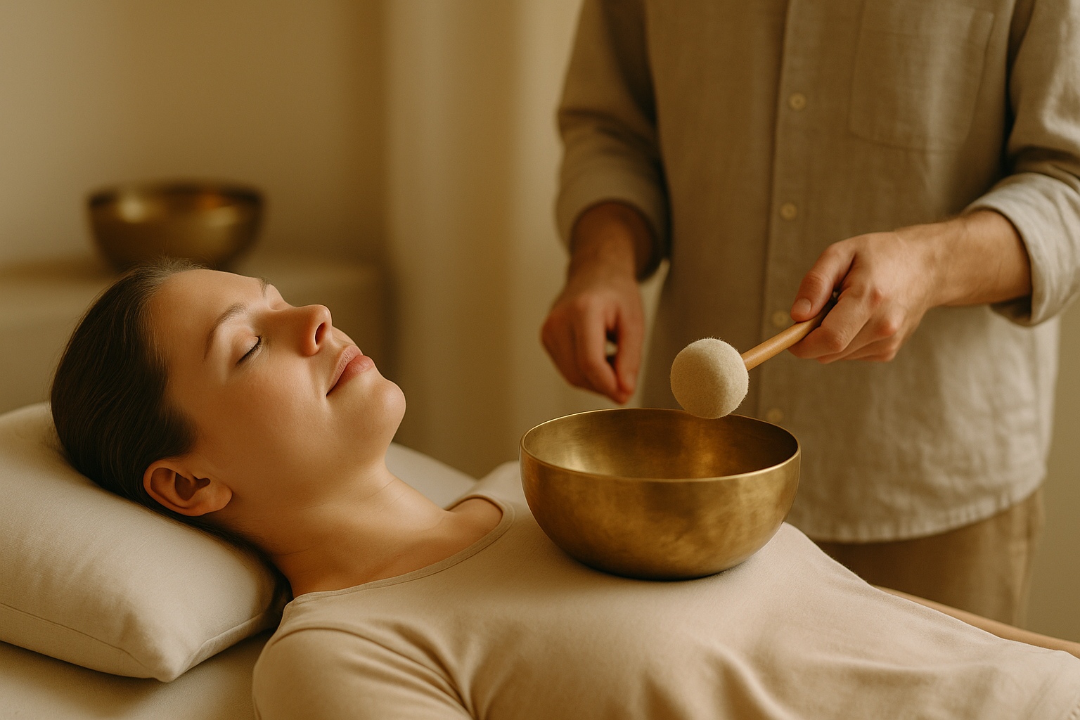 Klangtherapie mit Klangschale auf dem Herzbereich einer entspannt liegenden Frau, begleitet vom Therapeuten, für tiefe Entspannung und innere Balance