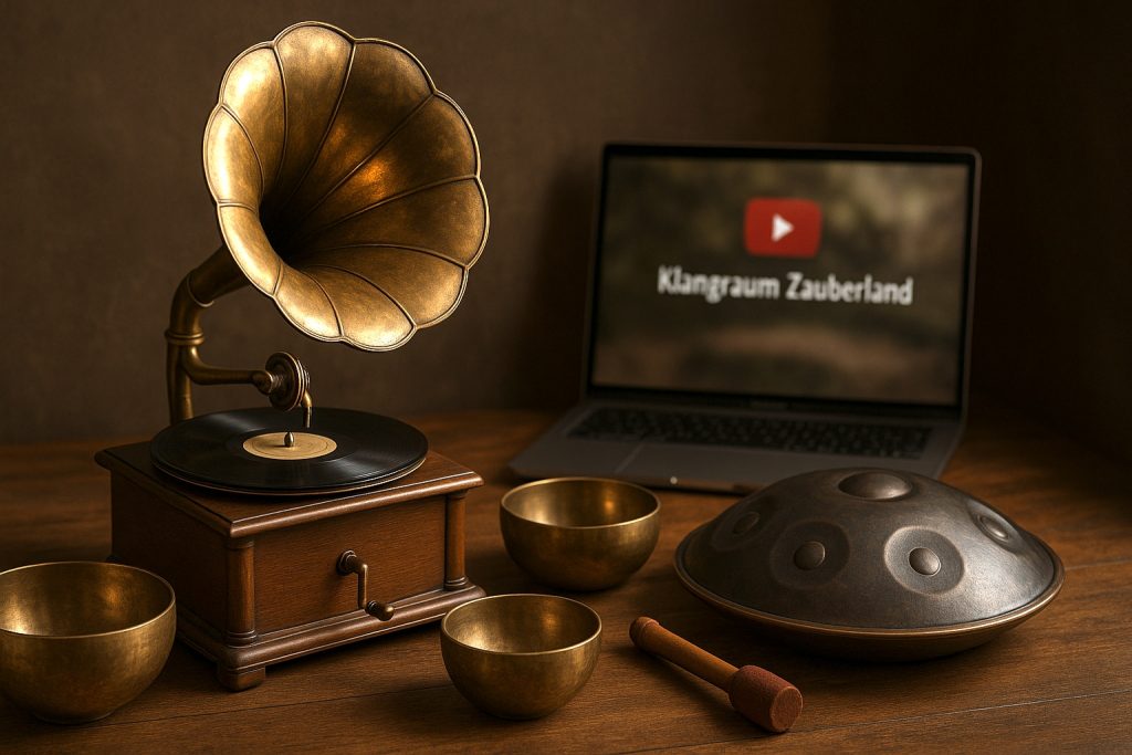 Grammophon mit Shellack-Platte, umgeben von Klangschalen und Handpan – Symbolbild für Klangmedien und Klangkultur.