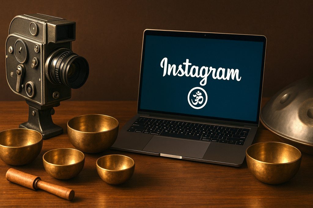 Vintage-Film­kamera mit Klangschalen und Handpan neben einem Laptop mit Instagram-Logo – symbolisches Bild für Klangkunst und Social-Media-Präsenz.