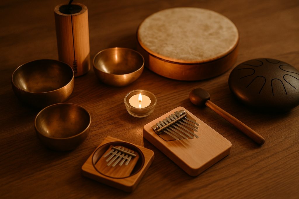 Klangreise mit brennender Kerze im Zentrum, umgeben von Klanginstrumenten – ein Raum für Entspannung und innere Ruhe