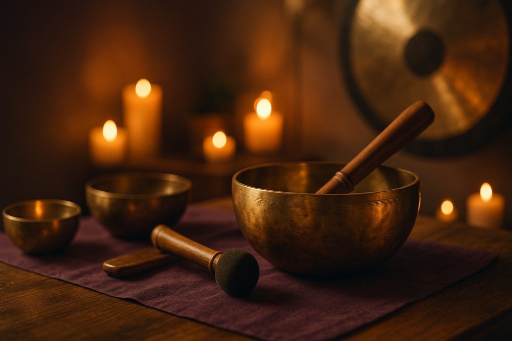 Klangschalen im warmen Kerzenlicht – Stillleben zur Klangmassage in Frankfurt Oder, tibetische Klangschalen für Entspannung und Tiefenruhe.
