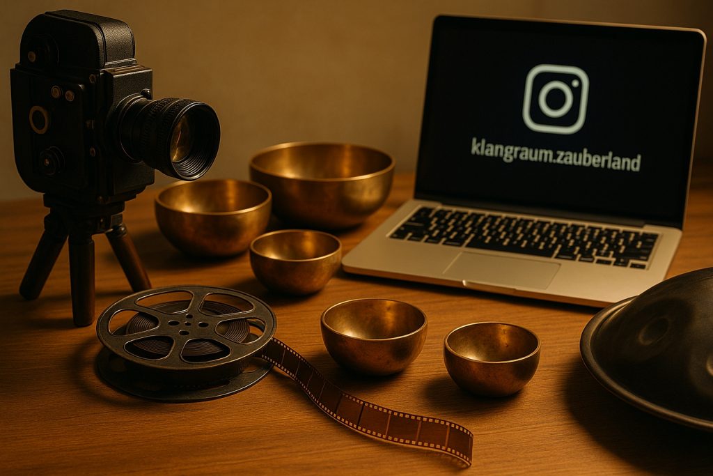 Vintage-Filmrolle, Kamera, Klangschalen und Laptop mit Instagram-Kanal klangraum.zauberland – Verbindung von Klangkunst und bewegtem Bild.
