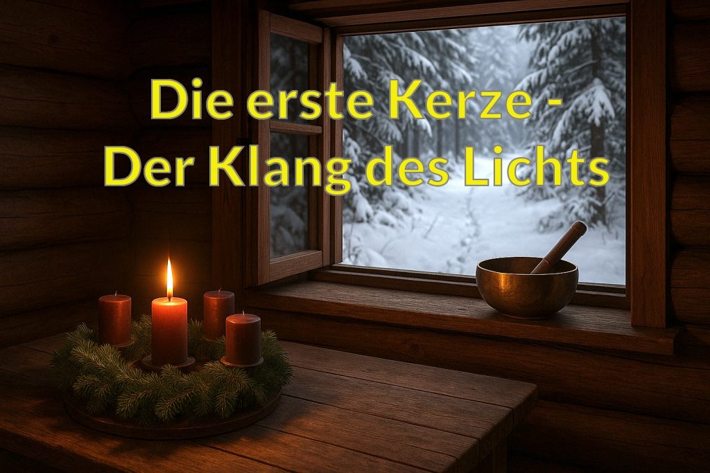 Adventskranz mit brennender erster Kerze und Klangschale im warmen Kerzenschein am Fenster – Der Klang des Lichts