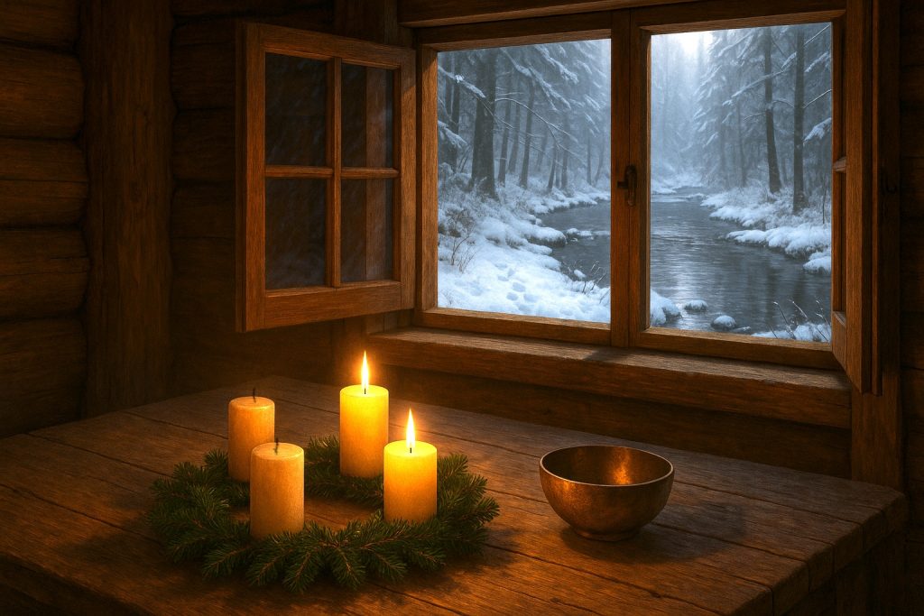 Zwei brennende Adventskerzen neben einer Klangschale am offenen Fenster, im Hintergrund ein winterlicher Fluss – Beitragsbild zur zweiten Adventsklanggeschichte „Der Fluss des Lichts“.